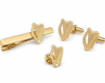 Gold Irish Harp Cufflinks Suit Pin and Tie Clip Set elegant Irish heritage accessories perfect gift for weddings formal events