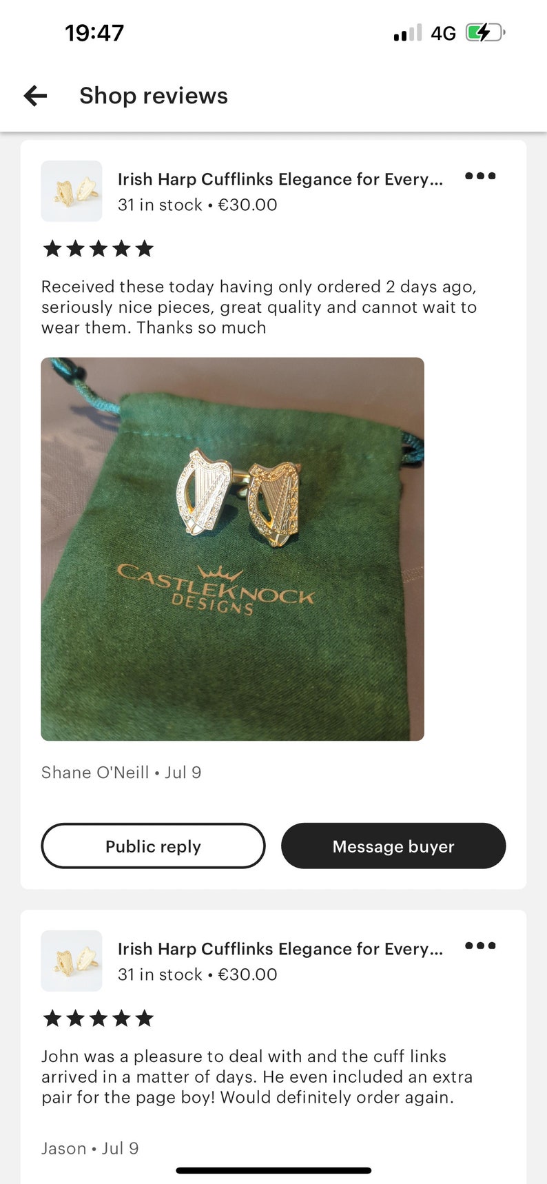 May include: A pair of gold Irish harp cufflinks in a green velvet pouch with the text "CASTLEKNOCK DESIGNS".