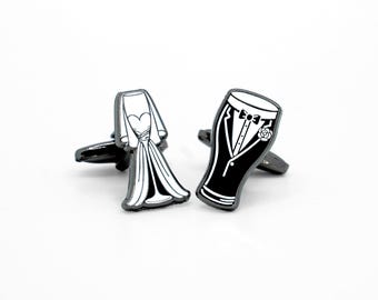 Bride and Groom Cufflinks – Stout Beer Tuxedo and Bridal Dress Champagne Flute – Funny Wedding Gift for Groomsmen or Bachelor Party
