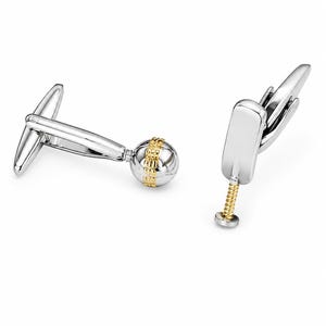 May include: A pair of silver-toned cufflinks featuring a cricket theme. One cufflink is shaped like a cricket ball with gold-toned stitching details, while the other is shaped like a cricket bat with a gold-toned handle and a polished silver finish.