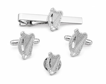 Irish Harp Silver Plated Cufflinks Tie Clip and Suit Pin elegant accessories perfect for weddings formal events and thoughtful Irish gifts
