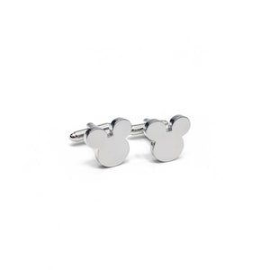 May include: A pair of silver-toned metal cufflinks featuring a flat, polished surface shaped like a stylised mouse head silhouette with two circular ears. Each cufflink includes a standard T-bar swivel mechanism attached to the back for fastening.