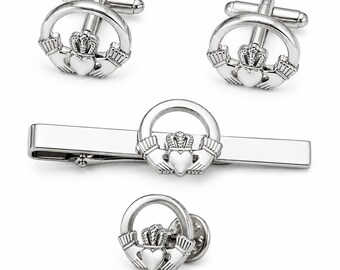 Claddagh Ring Cufflinks Tie Clip Pin Set Silver Irish Jewelry Gift for Him Wedding Anniversary Men's Accessories Classic Irish Heritage Set