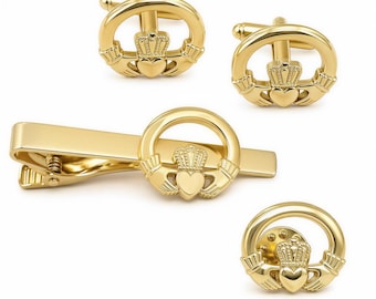 Gold Claddagh Set, Celtic Wedding Cufflinks & Tie Bar | Irish Heritage | French Cuff, Groomsmen Gift