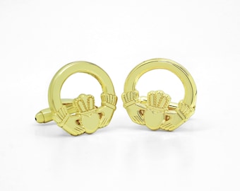 Claddagh Ring Gold, Celtic Cufflinks For Men - Plated Finish, French Cuff, Groomsman Gift