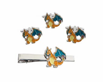 Charizard Cufflinks Tieclip Pin dragon-inspired accessories perfect gift  Pokémon fans trainers weddings and special occasions unique design