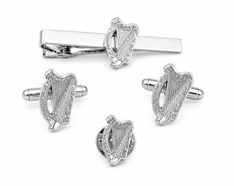 Irish Harp Silver Plated Cufflinks Tie Clip and Suit Pin elegant accessories perfect for weddings formal events and thoughtful Irish gifts