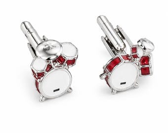 Gemelos de batería en tono plateado para hombre, joyería musical, regalo para bateristas, bandas, amantes de la percusión.