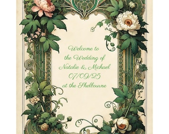Art Nouveau Wedding Welcome Sign Canva Template Green Gold Editable Poster Vintage Printable Irish Wedding Sign Instant Download