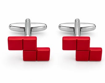 Retro Block Puzzle Cufflinks, Red Pixel Gaming Cufflinks, Geometric Cuff Links, Gamer Gift for Men, Wedding Accessories