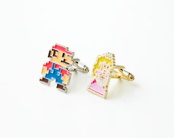 Gemelos Mario Princess Peach, Regalo para novio nerd, Gemelos de boda de jugador, Regalo de padrinos, Videojuego único presente para novio