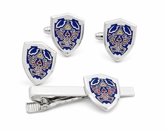 Hylian Shield Accessories Set – Legend of Zelda Inspired Cufflinks, Tie Clip & Suit Pin, Handcrafted Gift for Gamers