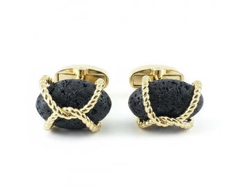 Noir Obsidian Rope Cufflinks – Black Lava Stone Cufflinks, Gold Rope Wrap, Gift Boxed Men’s Accessories