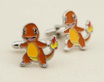 Charmander Cufflinks – Pokémon Gamer Gift, Silver-Tone French Cuff Accessories, Wedding & Groomsmen Gift