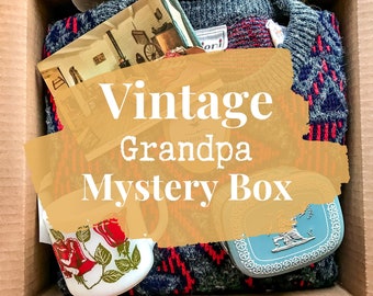 Vintage Grandpa Mystery Box: Includes a Unisex Sweater, a Decorative Storage Tin, and Vintage Mug | Eco-Conscious Thrifty Gift