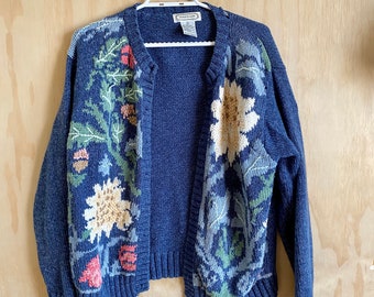 Vintage Amour Thick Knit Embroidered Jacquard Floral Cardigan Sweater w/ FLAWS