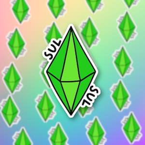 May include: A green diamond-shaped sticker with the word "SUL" written on it in black. The sticker is on a rainbow background.