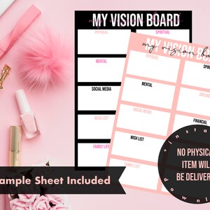 Digital Download Vision Board Template - Blush & Black Printable Goal Planner - My Vision Board with Example Sheet