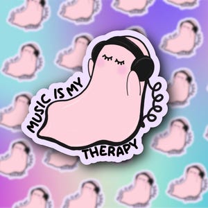 Music Is My Therapy Sticker Ghost Music Lover - Cute Music Therapy Sticker for Laptops, Water Bottles and Journals - Water Resistant
