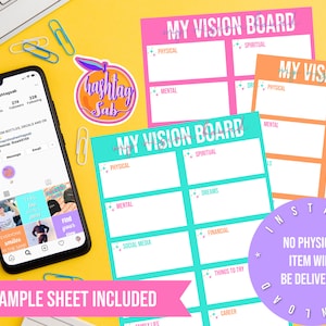 Plantilla de tablero de visión, ley de atracción, tablero de visión imprimible, lista de verificación de tablero de visión, hoja de trabajo de tablero de visión