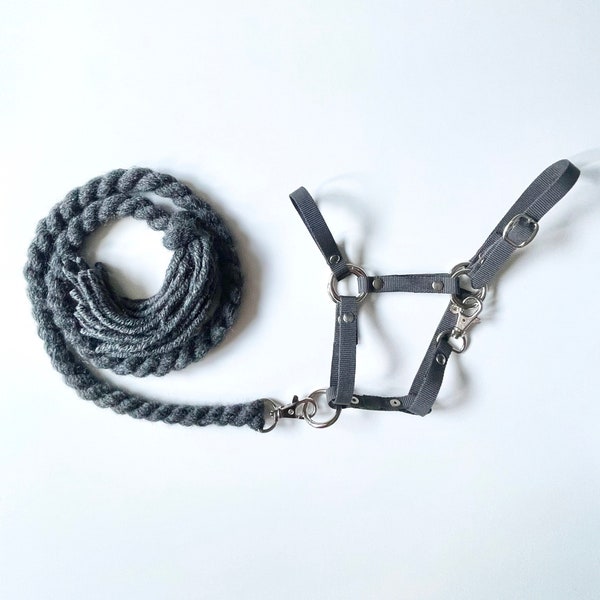 Grey hobby horse halter with lead rope (tack for hobbyhorse, stick horse)