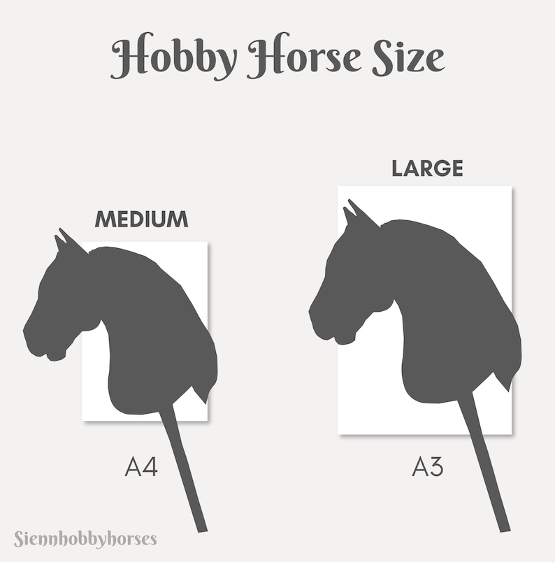 Puede incluir: Dos siluetas de caballitos de madera sobre papel blanco. El caballo m&aacute;s grande est&aacute; etiquetado como "LARGE A3" y el m&aacute;s peque&ntilde;o como "MEDIUM A4".