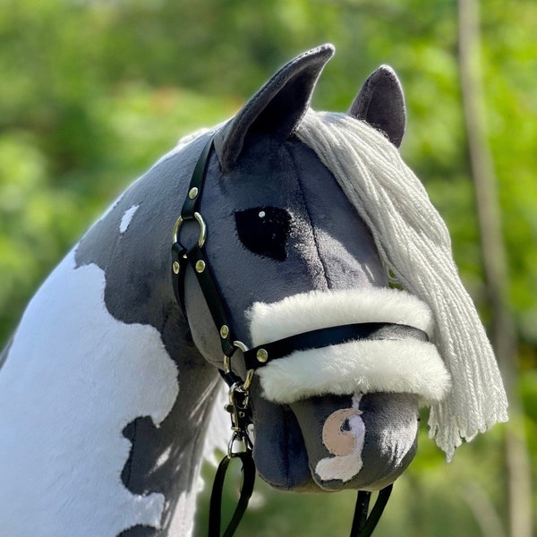 VERSION 2.0! Grey Pinto Hobby Horse with real leather halter (stick horse, hobbyhorse with tack)