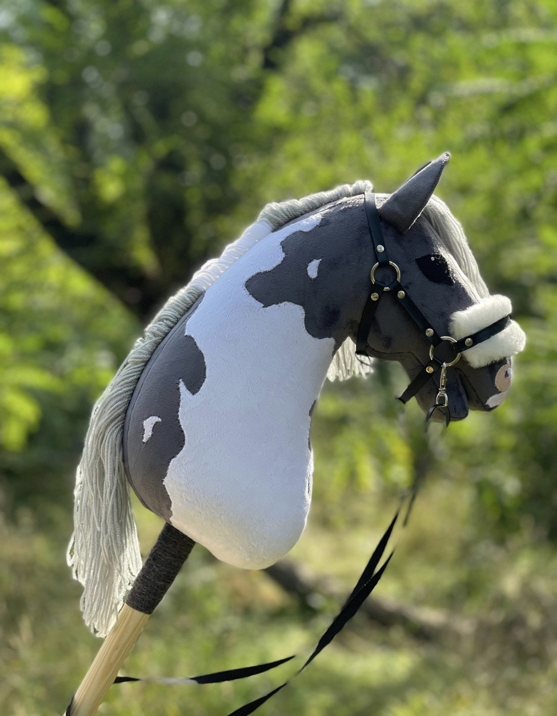 VERSION 2.0! Grey Pinto Hobby Horse With Real Leather Halter