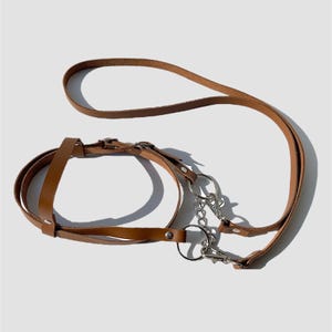 Puede incluir: Un arn&eacute;s de cuero marr&oacute;n para perro con una correa de cadena. El arn&eacute;s tiene dos correas que van alrededor del cuello y el pecho del perro, y la correa se une a un anillo de metal en la correa del pecho.