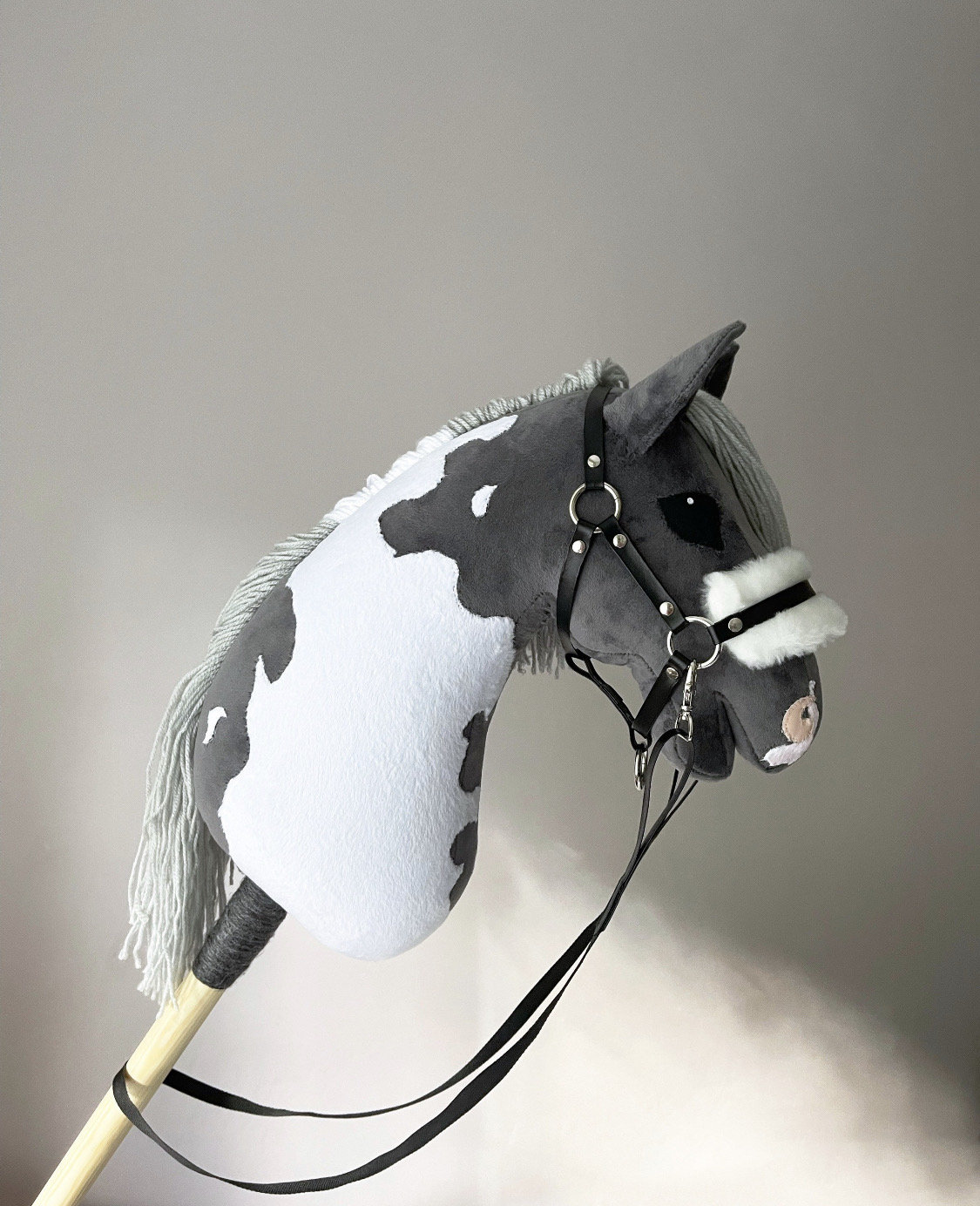 VERSION 2.0! Grey Pinto Hobby Horse With Real Leather Halter