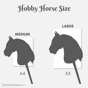 May include: Two hobby horse silhouettes on white paper. The larger horse is labeled "LARGE A3" and the smaller horse is labeled "MEDIUM A4".