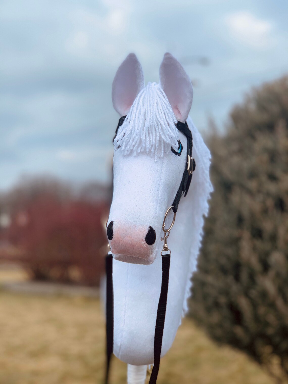 White hobby horse with black bridle stick horse. Good gift Etsy