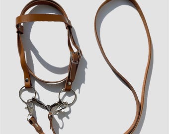 Brown hobby horse bridle from real leather (bridle for a stick horse)
