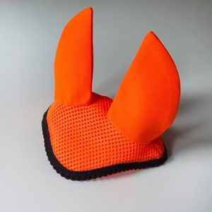 Hobby horse orange ear bonnet with black decoration ( hobbyhorse earbonnet, stick horse ear bonnet)