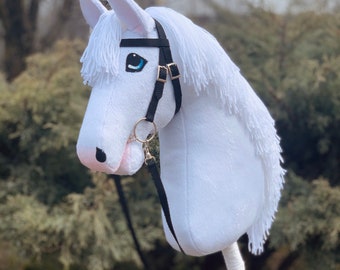 White Hobby Horse With Black Bridle stick Horse. Good Gift for