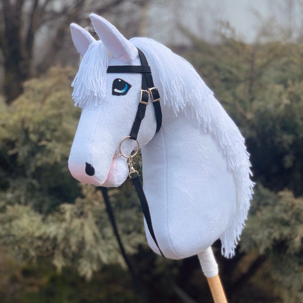 White hobby horse with black bridle (stick horse). Good gift for teens and children
