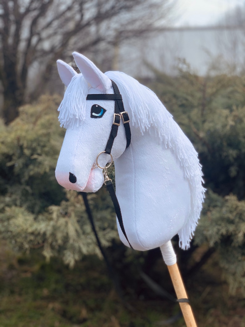 White hobby horse with black bridle stick horse. Good gift Etsy