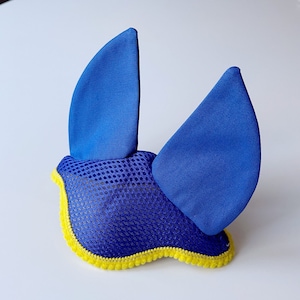 Hobby horse blue ear bonnet with yellow decoration (earbonnet for stick horse, hobbyhorse)