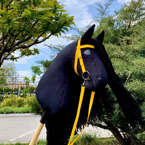 Beautiful black friesian hobby horse with bridle (stick horse). Good gift for children and teens. New version of favorite model