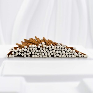 May include: A close-up of a bundle of brown incense sticks with white tips. The sticks are arranged in a fan shape and are lying on a white surface.