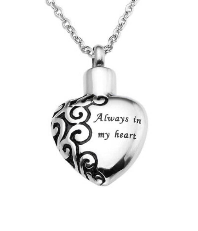 Stainless Steel Heart Always In My Heart Memorial Necklace-Keepsake Urn-Ash Holder-Cremation Jewelry-Heart Pendant Urn