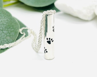 Pet Cremation Necklace-Memorial Urn Pendant-Pet Loss Pendant-Jewelry Urn Cremation Keepsake-Cylinder with Black Paws-925 Sterling Silver