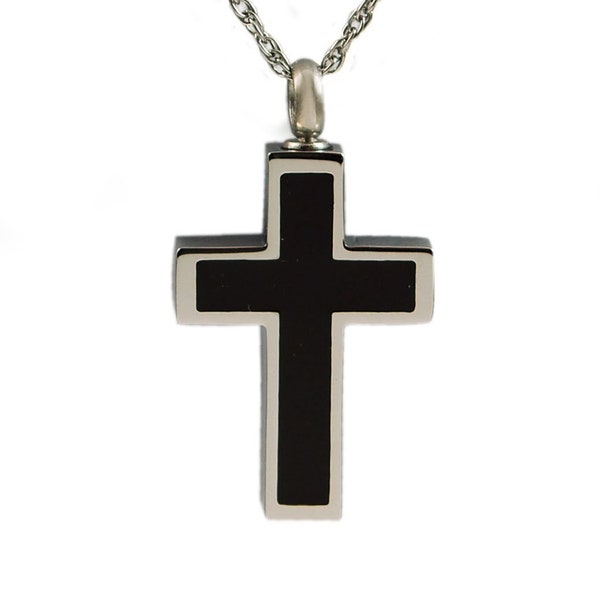 Stainless Steel Cross Cremation Memorial Keepsake Urn Necklace – Black, Men's Pendant