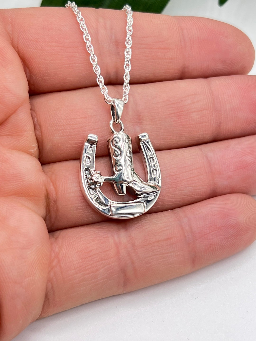 Cowboy Boot With Horseshoe Cremation Necklace Memorial Pendantcremains