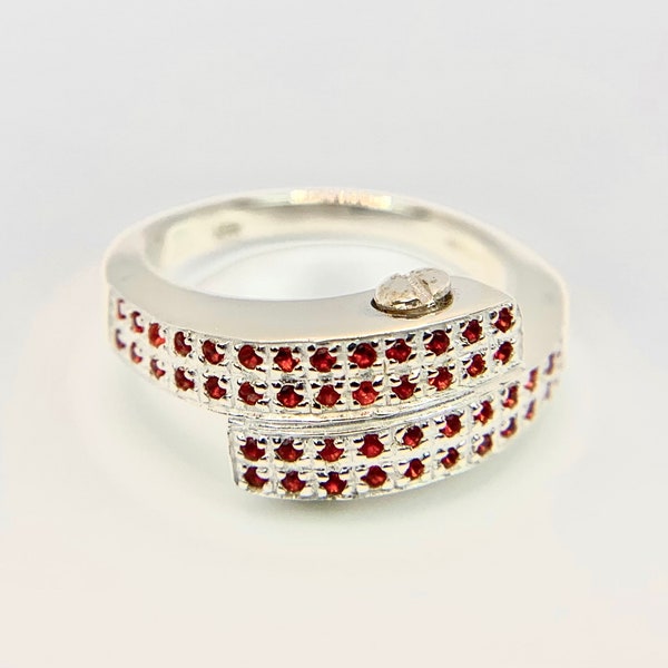 Cremation Jewelry Ring for Ashes-Urn Memorial 925 Sterling Silver-Companion Ring-Red Stones-Engravable Ring