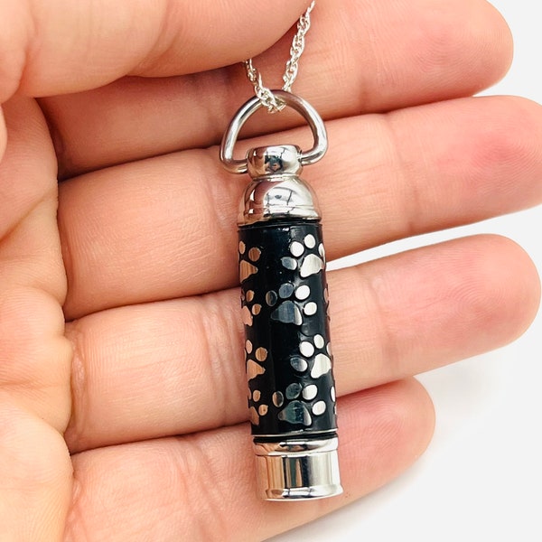 Cylinder With Paw Prints Cremation Jewelry- Memorial Necklace-Keepsake Urn-Silver Paws-Memorial Urn-Stainless Steel Pendant