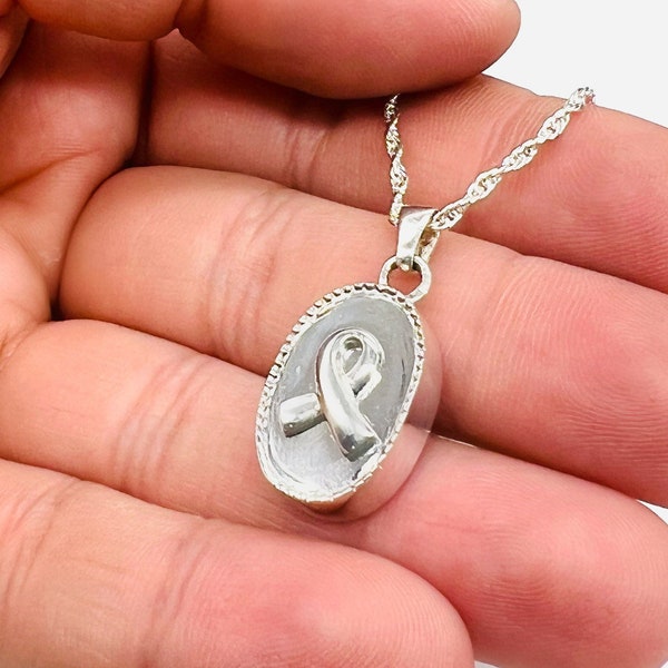 Sterling Silver Oval Pendant-Holds Ashes-Cancer Ribbon Necklace-Memorial Jewelry Cremation Keepsake