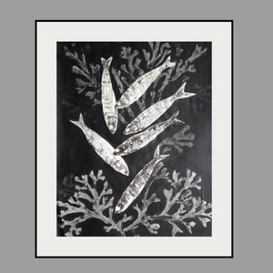 original gyotaku - fish print - sardines and seaweed