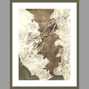 gyotaku original - impresión de pescado - calamares y algas marinas