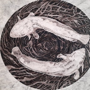 original gyotaku - fish and seaweed direct print